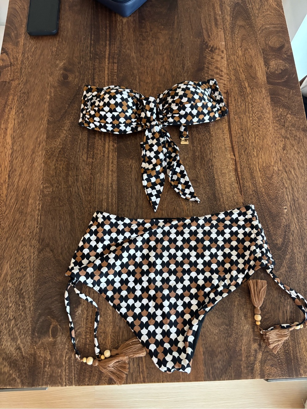 EUC Goldenpoint Geometric Print Bandeau Bikini Set in‎ Black, White & Brown